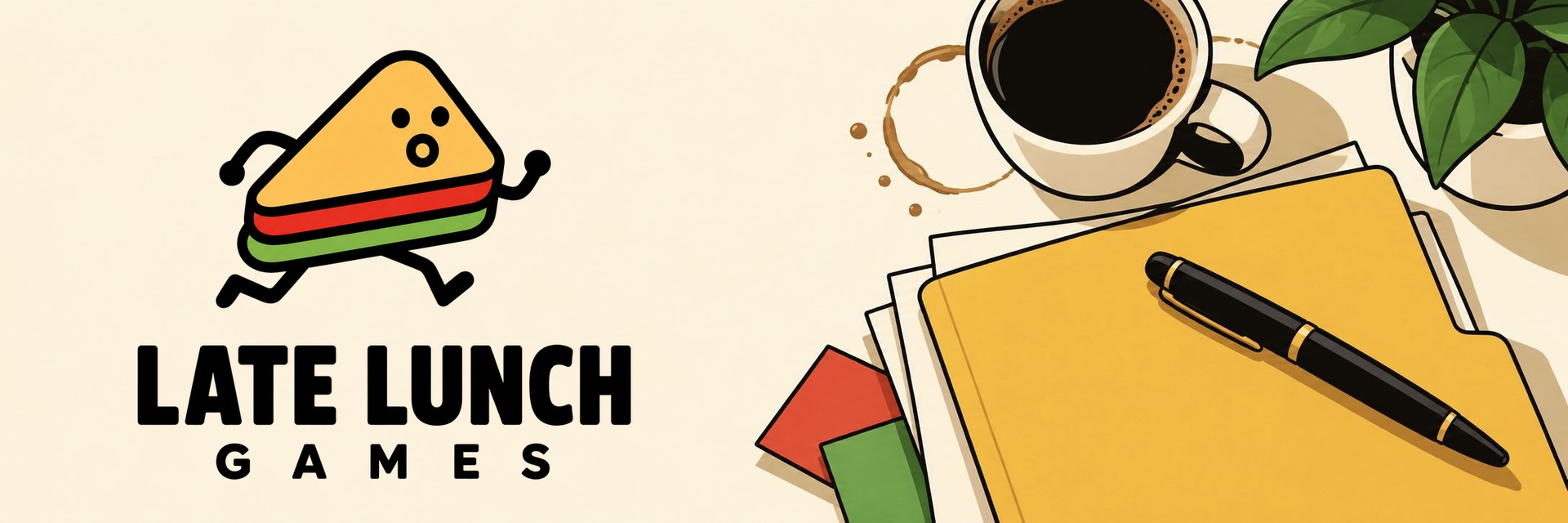 Late Lunch Games' running-sandwich logo beside an illustrated desk with coffee, a notebook and a pen.
